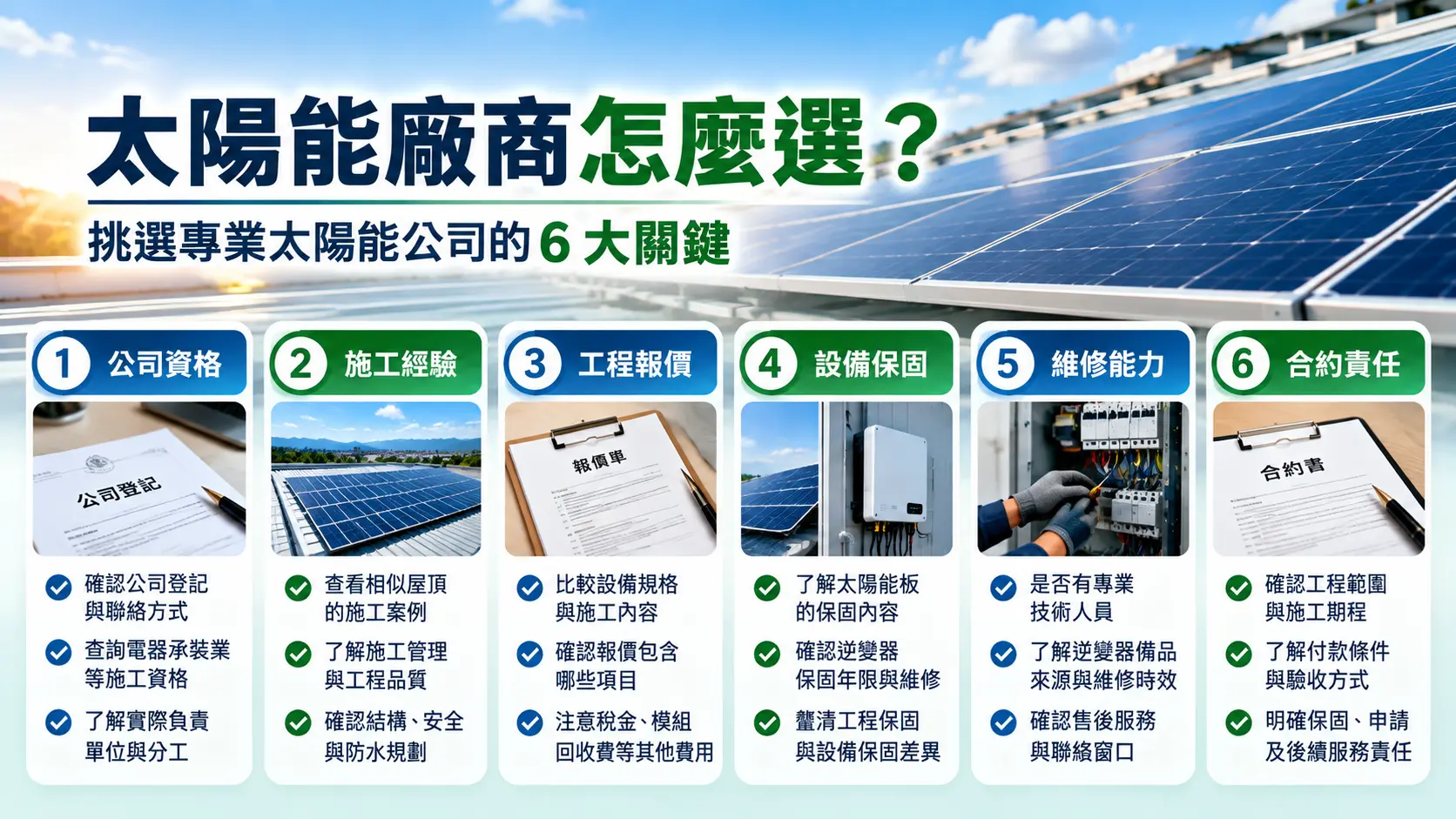 太陽能廠商怎麼選？挑選太陽能公司的六大關鍵：公司資格、施工經驗、工程報價、設備保固、維修能力與合約責任